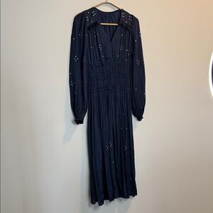 Navy Maxi Long Sleeve Dress with Embellishments